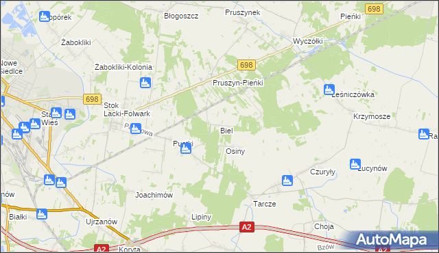 mapa Biel gmina Siedlce, Biel gmina Siedlce na mapie Targeo