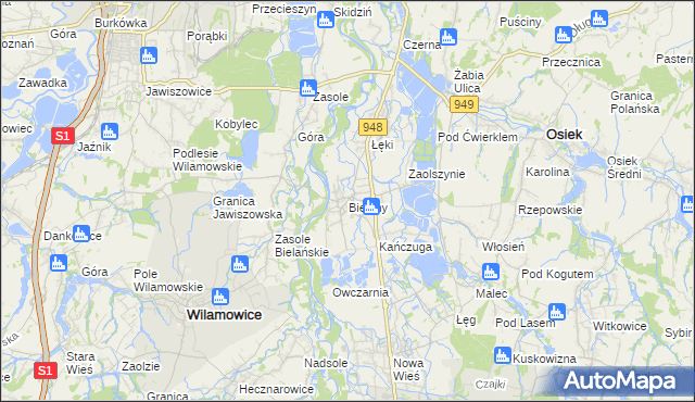 mapa Bielany gmina Kęty, Bielany gmina Kęty na mapie Targeo