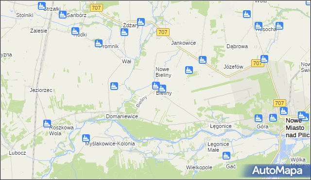 mapa Bieliny gmina Nowe Miasto nad Pilicą, Bieliny gmina Nowe Miasto nad Pilicą na mapie Targeo