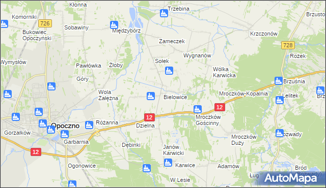 mapa Bielowice gmina Opoczno, Bielowice gmina Opoczno na mapie Targeo