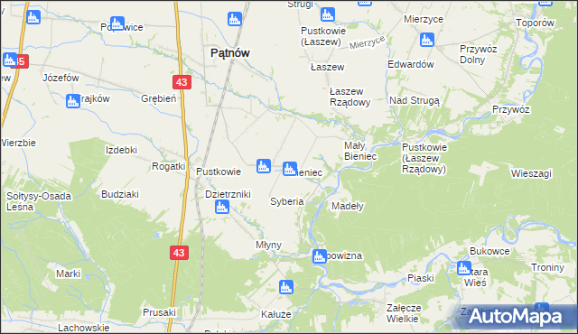 mapa Bieniec gmina Pątnów, Bieniec gmina Pątnów na mapie Targeo