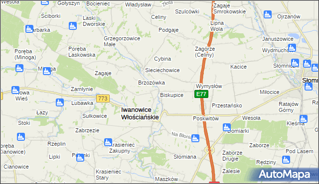 mapa Biskupice gmina Iwanowice, Biskupice gmina Iwanowice na mapie Targeo