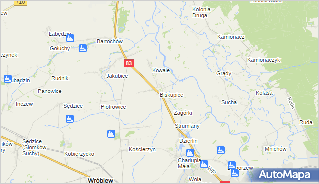 mapa Biskupice gmina Sieradz, Biskupice gmina Sieradz na mapie Targeo