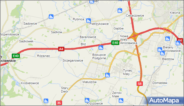 mapa Biskupice Podgórne, Biskupice Podgórne na mapie Targeo