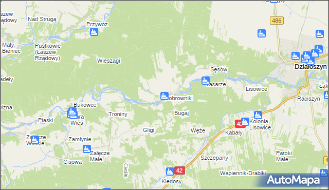 mapa Bobrowniki gmina Działoszyn, Bobrowniki gmina Działoszyn na mapie Targeo
