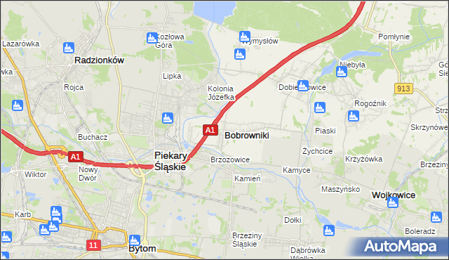 mapa Bobrowniki powiat będziński, Bobrowniki powiat będziński na mapie Targeo