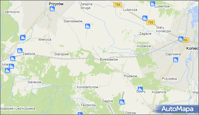 mapa Bolesławów gmina Przyrów, Bolesławów gmina Przyrów na mapie Targeo