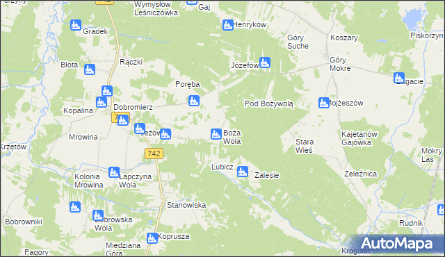 mapa Boża Wola gmina Kluczewsko, Boża Wola gmina Kluczewsko na mapie Targeo