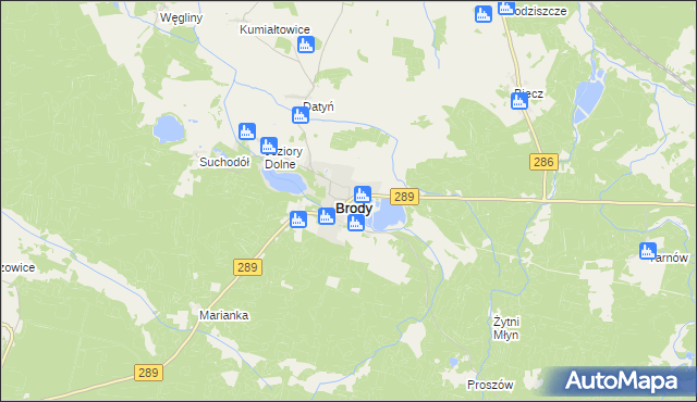 mapa Brody powiat żarski, Brody powiat żarski na mapie Targeo
