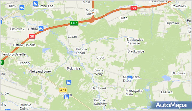 mapa Brogi gmina Dobroń, Brogi gmina Dobroń na mapie Targeo