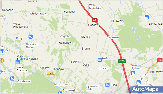 mapa Bronin gmina Stryków, Bronin gmina Stryków na mapie Targeo