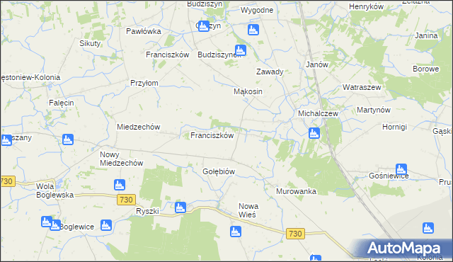 mapa Bronisławów gmina Jasieniec, Bronisławów gmina Jasieniec na mapie Targeo