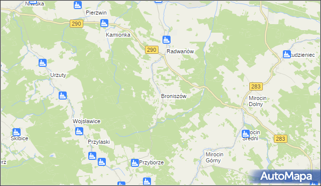 mapa Broniszów gmina Kożuchów, Broniszów gmina Kożuchów na mapie Targeo