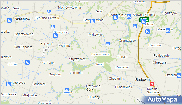 mapa Broniszowice gmina Bodzechów, Broniszowice gmina Bodzechów na mapie Targeo