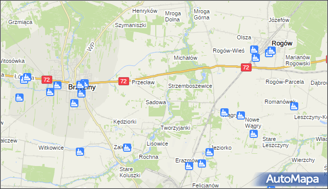 mapa Bronowice gmina Brzeziny, Bronowice gmina Brzeziny na mapie Targeo