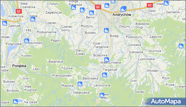 mapa Brzezinka gmina Andrychów, Brzezinka gmina Andrychów na mapie Targeo