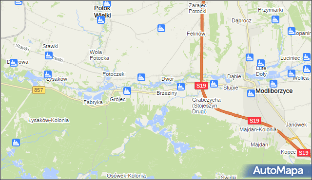 mapa Brzeziny gmina Modliborzyce, Brzeziny gmina Modliborzyce na mapie Targeo