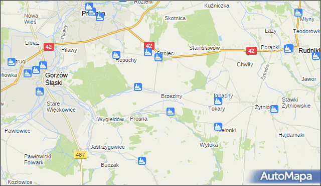 mapa Brzeziny gmina Praszka, Brzeziny gmina Praszka na mapie Targeo