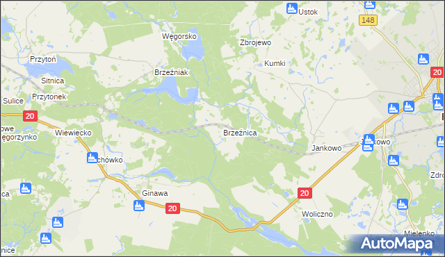mapa Brzeźnica gmina Węgorzyno, Brzeźnica gmina Węgorzyno na mapie Targeo