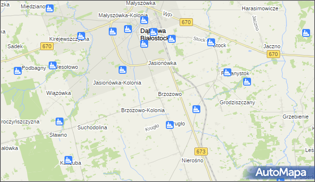 mapa Brzozowo gmina Dąbrowa Białostocka, Brzozowo gmina Dąbrowa Białostocka na mapie Targeo