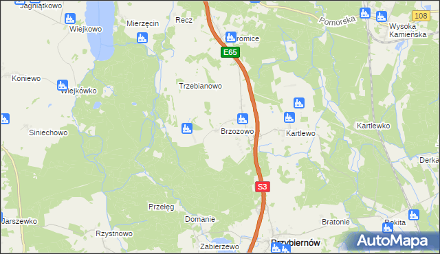 mapa Brzozowo gmina Przybiernów, Brzozowo gmina Przybiernów na mapie Targeo