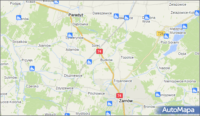 mapa Budków gmina Żarnów, Budków gmina Żarnów na mapie Targeo
