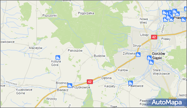 mapa Budzów gmina Gorzów Śląski, Budzów gmina Gorzów Śląski na mapie Targeo