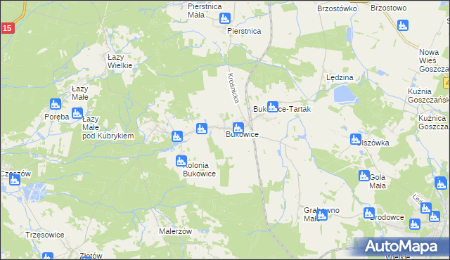 mapa Bukowice gmina Krośnice, Bukowice gmina Krośnice na mapie Targeo