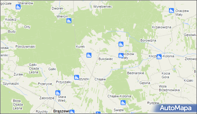 mapa Bukowiec gmina Brąszewice, Bukowiec gmina Brąszewice na mapie Targeo