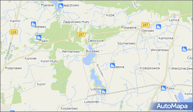 mapa Buszewko gmina Pniewy, Buszewko gmina Pniewy na mapie Targeo