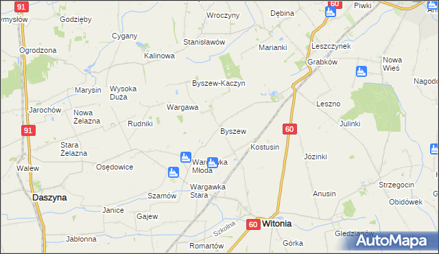 mapa Byszew gmina Kutno, Byszew gmina Kutno na mapie Targeo