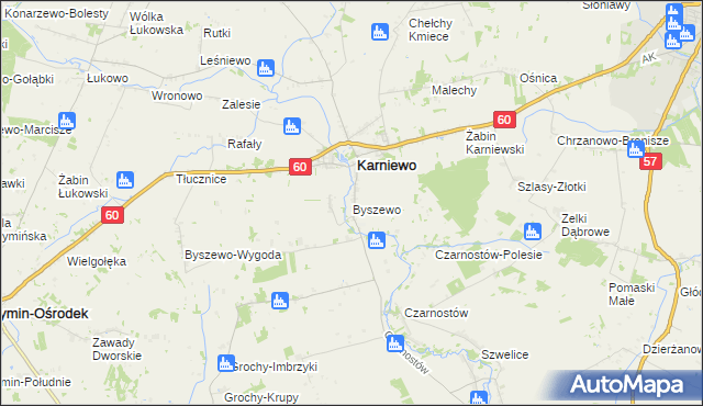 mapa Byszewo gmina Karniewo, Byszewo gmina Karniewo na mapie Targeo