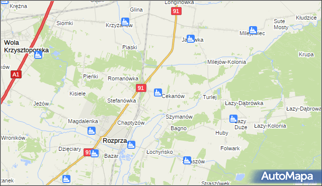 mapa Cekanów gmina Rozprza, Cekanów gmina Rozprza na mapie Targeo