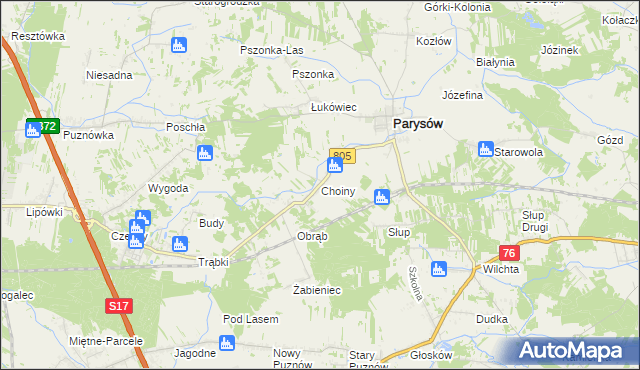 mapa Choiny gmina Parysów, Choiny gmina Parysów na mapie Targeo