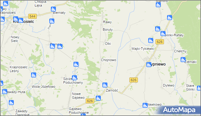 mapa Chojnowo gmina Sypniewo, Chojnowo gmina Sypniewo na mapie Targeo