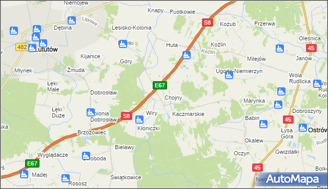mapa Chojny gmina Lututów, Chojny gmina Lututów na mapie Targeo
