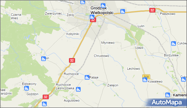 mapa Chrustowo gmina Grodzisk Wielkopolski, Chrustowo gmina Grodzisk Wielkopolski na mapie Targeo