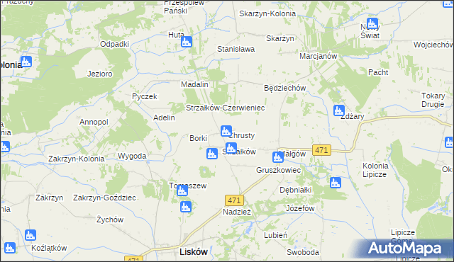 mapa Chrusty gmina Lisków, Chrusty gmina Lisków na mapie Targeo