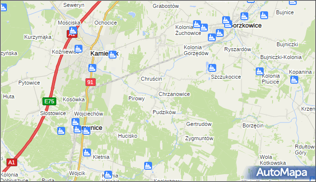mapa Chrzanowice gmina Gomunice, Chrzanowice gmina Gomunice na mapie Targeo