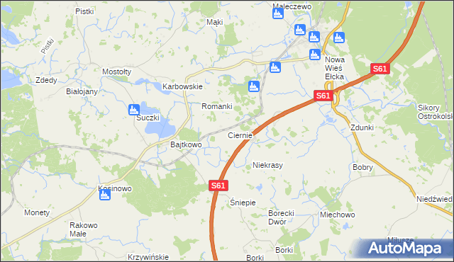 mapa Ciernie gmina Ełk, Ciernie gmina Ełk na mapie Targeo