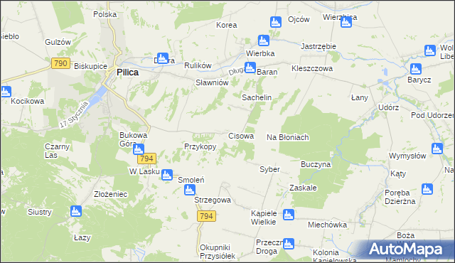 mapa Cisowa gmina Pilica, Cisowa gmina Pilica na mapie Targeo
