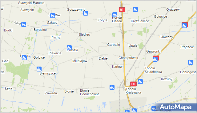 mapa Dąbie gmina Łęczyca, Dąbie gmina Łęczyca na mapie Targeo