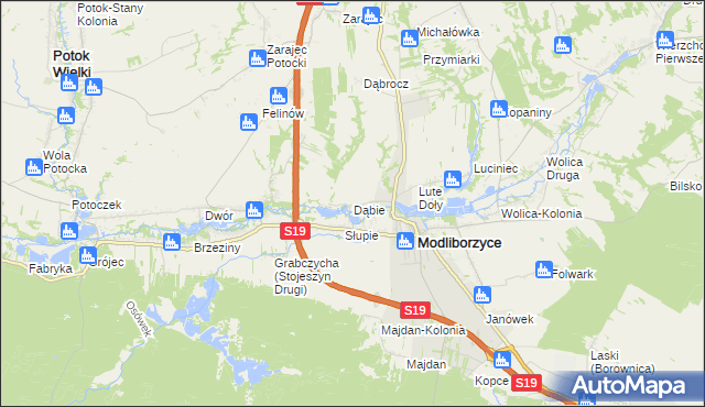 mapa Dąbie gmina Modliborzyce, Dąbie gmina Modliborzyce na mapie Targeo