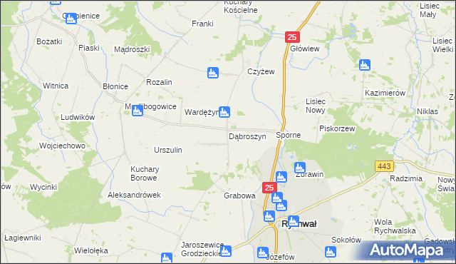 mapa Dąbroszyn gmina Rychwał, Dąbroszyn gmina Rychwał na mapie Targeo