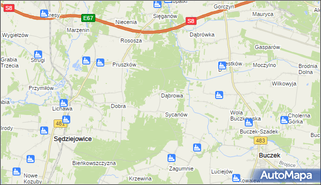 mapa Dąbrowa gmina Buczek, Dąbrowa gmina Buczek na mapie Targeo