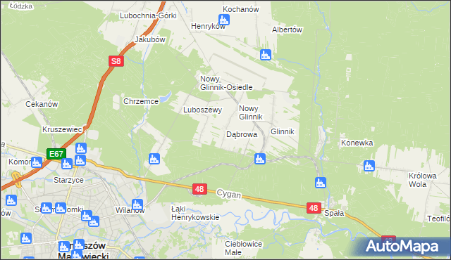 mapa Dąbrowa gmina Lubochnia, Dąbrowa gmina Lubochnia na mapie Targeo