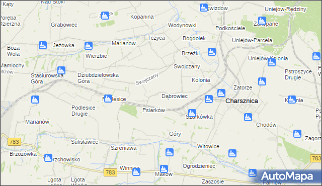 mapa Dąbrowiec gmina Charsznica, Dąbrowiec gmina Charsznica na mapie Targeo