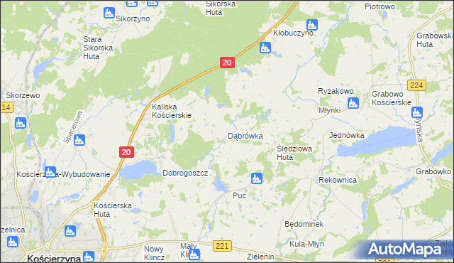 mapa Dąbrówka gmina Kościerzyna, Dąbrówka gmina Kościerzyna na mapie Targeo