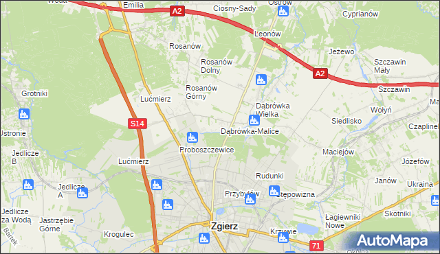 mapa Dąbrówka-Malice, Dąbrówka-Malice na mapie Targeo