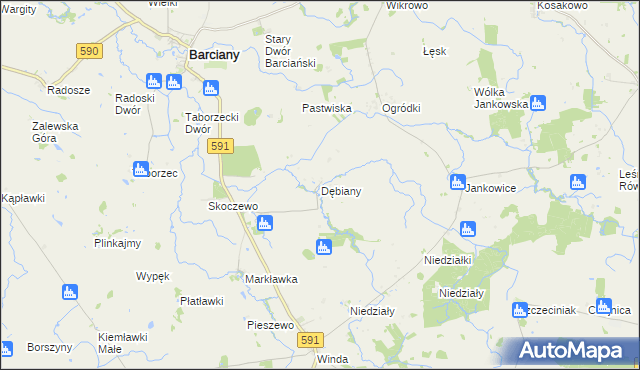 mapa Dębiany gmina Barciany, Dębiany gmina Barciany na mapie Targeo